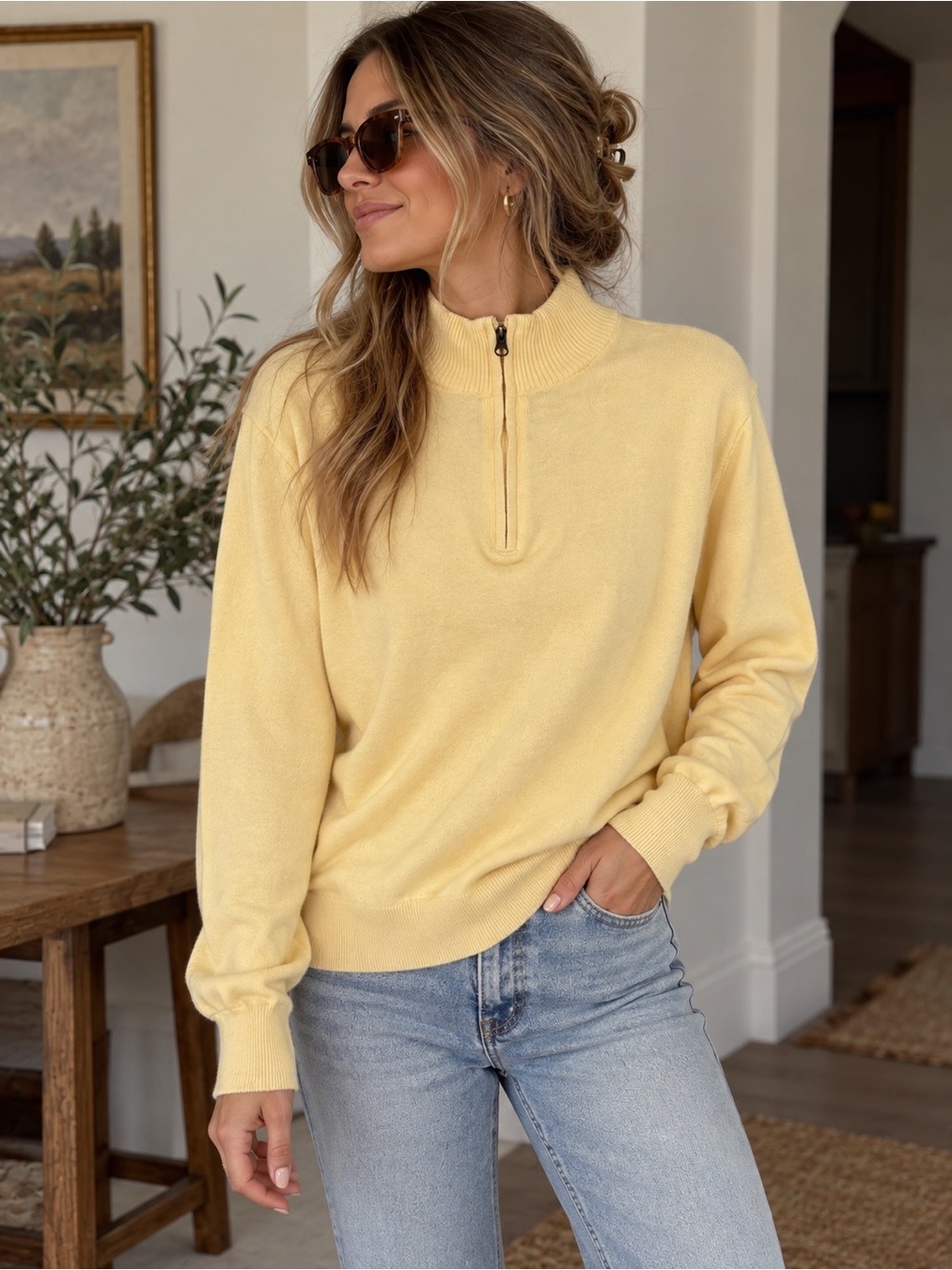 Dockers 100% Pima Cotton Butter Yellow Quarter Zip Sweater Large Preppy